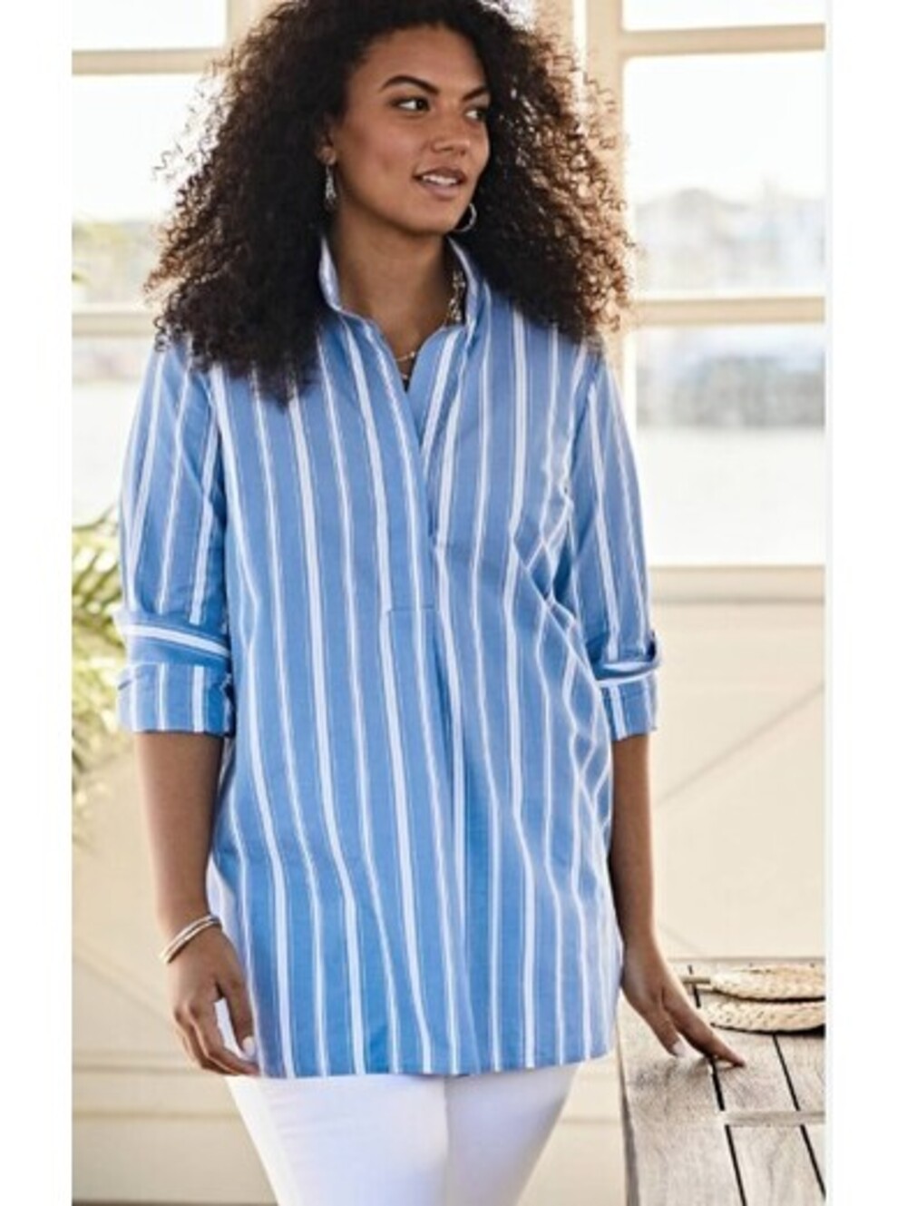 J.Jill Women's XL Blue White Striped 100% Cotton Popover Tunic Long Sleeve